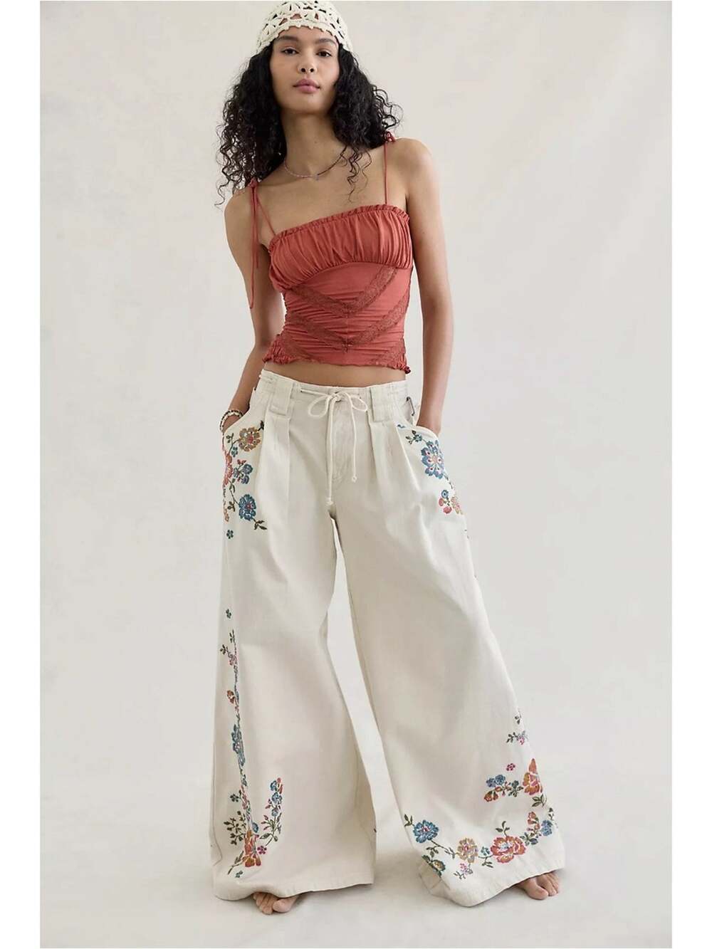 Free People Bohemian Julien Wide Leg Pull On Embroidered Pants Large NWT
